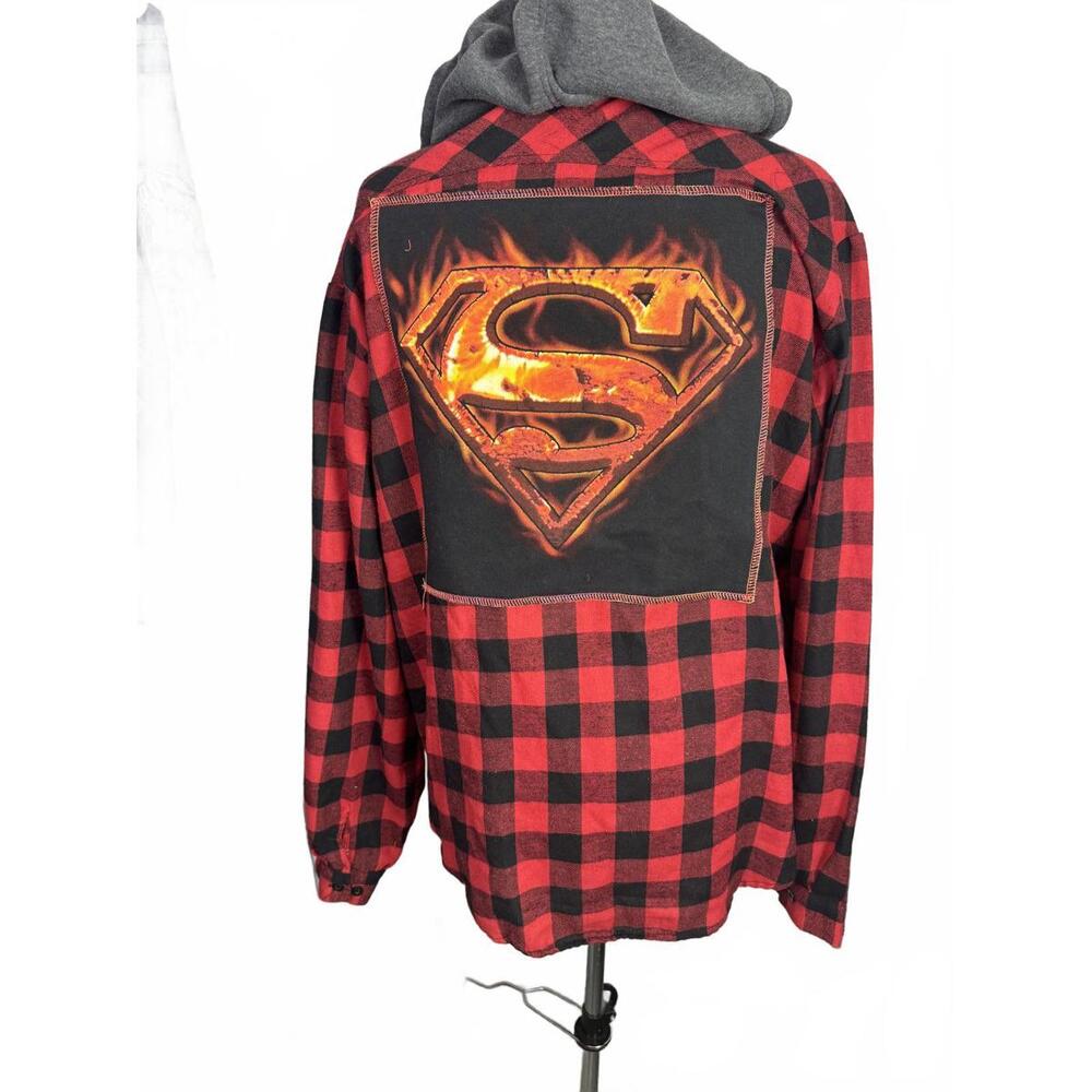 April 25th Flannels – Flaming Superman Upcycled Plaid Hoodie Flannel | 3XL‎